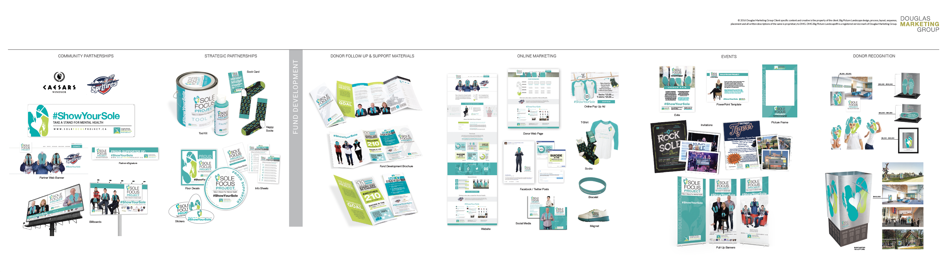 A collage of various marketing materials, including brochures, posters, digital screens, billboards, and promotional items. The design features teal and white colors, with the hashtag "#ShowYourSizzle" prominently displayed.